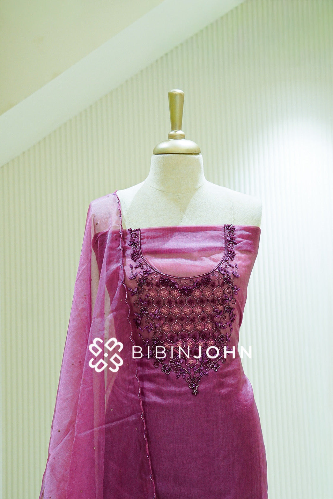 Organza Embroidery Unstitched Salwar Suit Material Dusty Rose close view