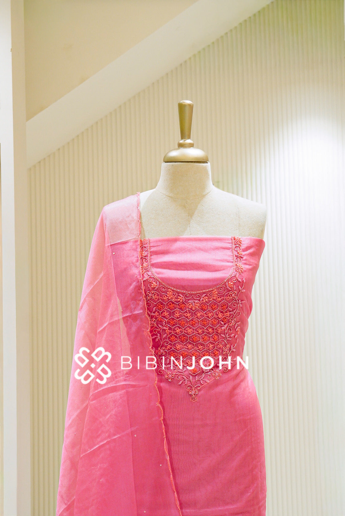 Organza Embroidery Unstitched Salwar Suit Material Rose Pink CLOSE VIEW