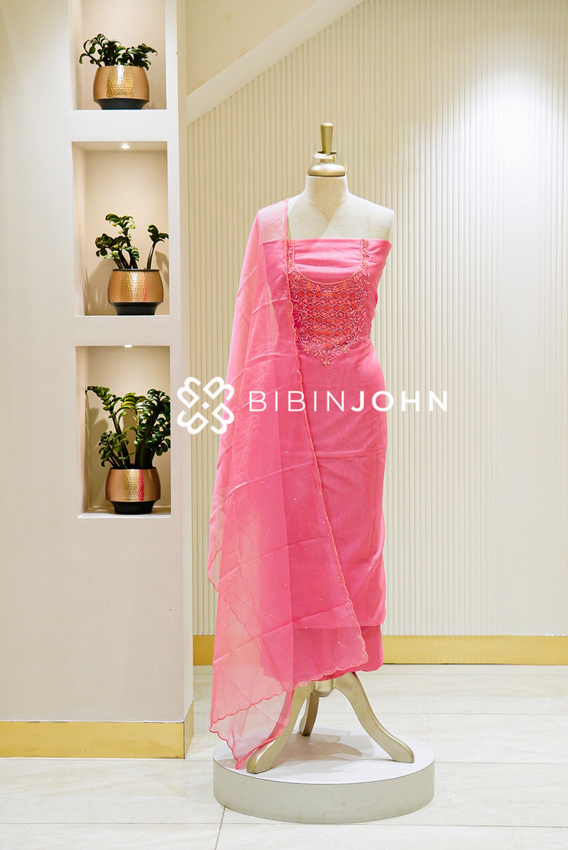 Organza Embroidery Unstitched Salwar Suit Material Rose Pink