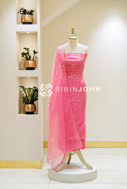 Organza Embroidery Unstitched Salwar Suit Material Rose Pink
