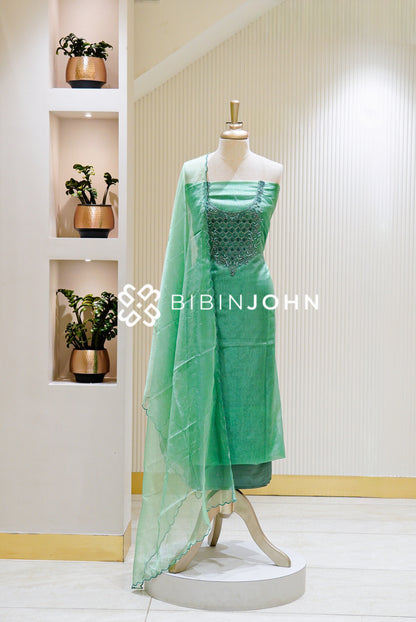 Organza Embroidery Unstitched Salwar Suit Material Mint Green 