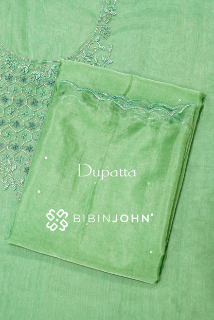 Organza Embroidery Unstitched Salwar Suit Material Mint Green  DUPATTA