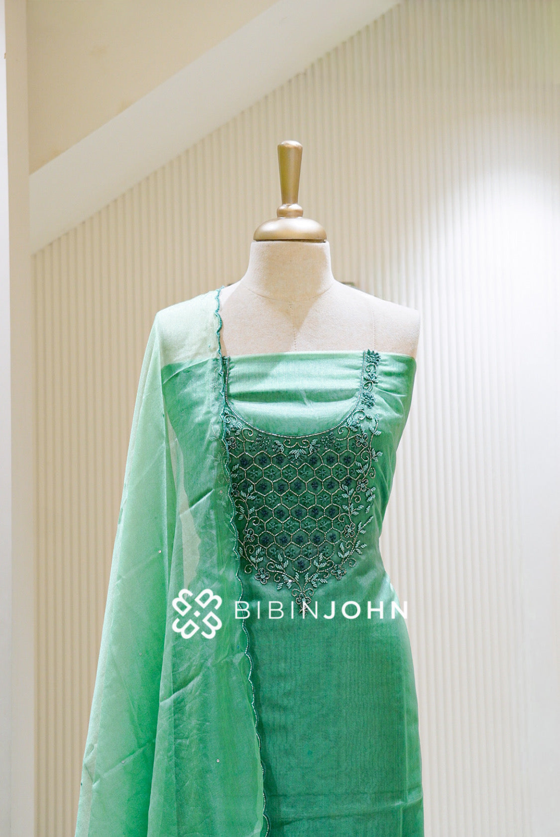 Organza Embroidery Unstitched Salwar Suit Material Mint Green  CLOSE VIEW
