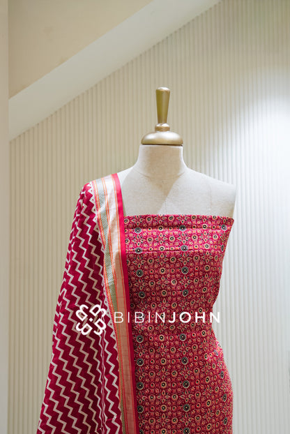Printed Cotton Unstitched Salwar Suit Material Deep Red Close view