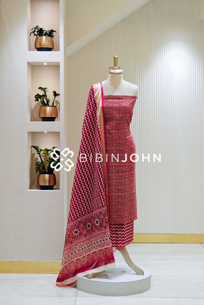 Printed Cotton Unstitched Salwar Suit Material Deep Red