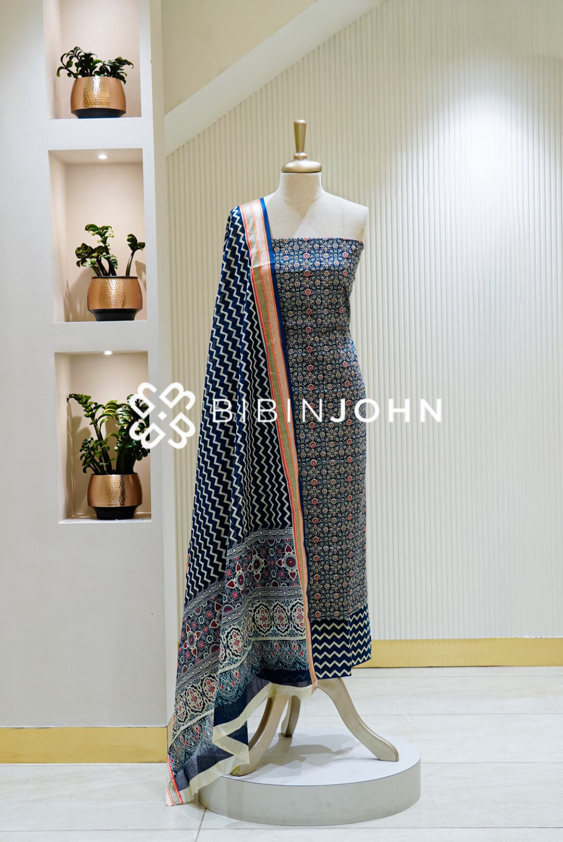 Printed Cotton Unstitched Salwar Suit Material Navy Blue