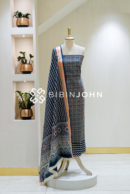 Printed Cotton Unstitched Salwar Suit Material Navy Blue
