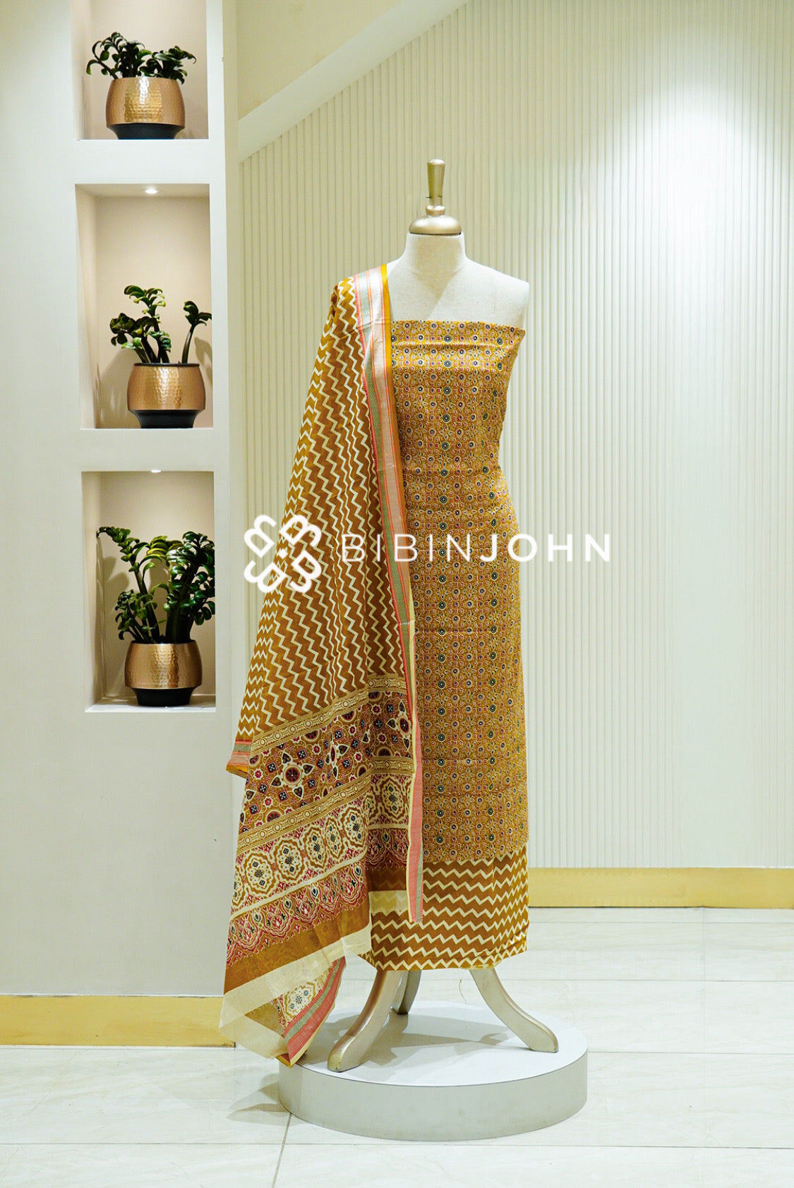 Printed Cotton Unstitched Salwar Suit Material Mustard Yellow 