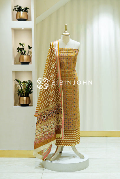 Printed Cotton Unstitched Salwar Suit Material Mustard Yellow 
