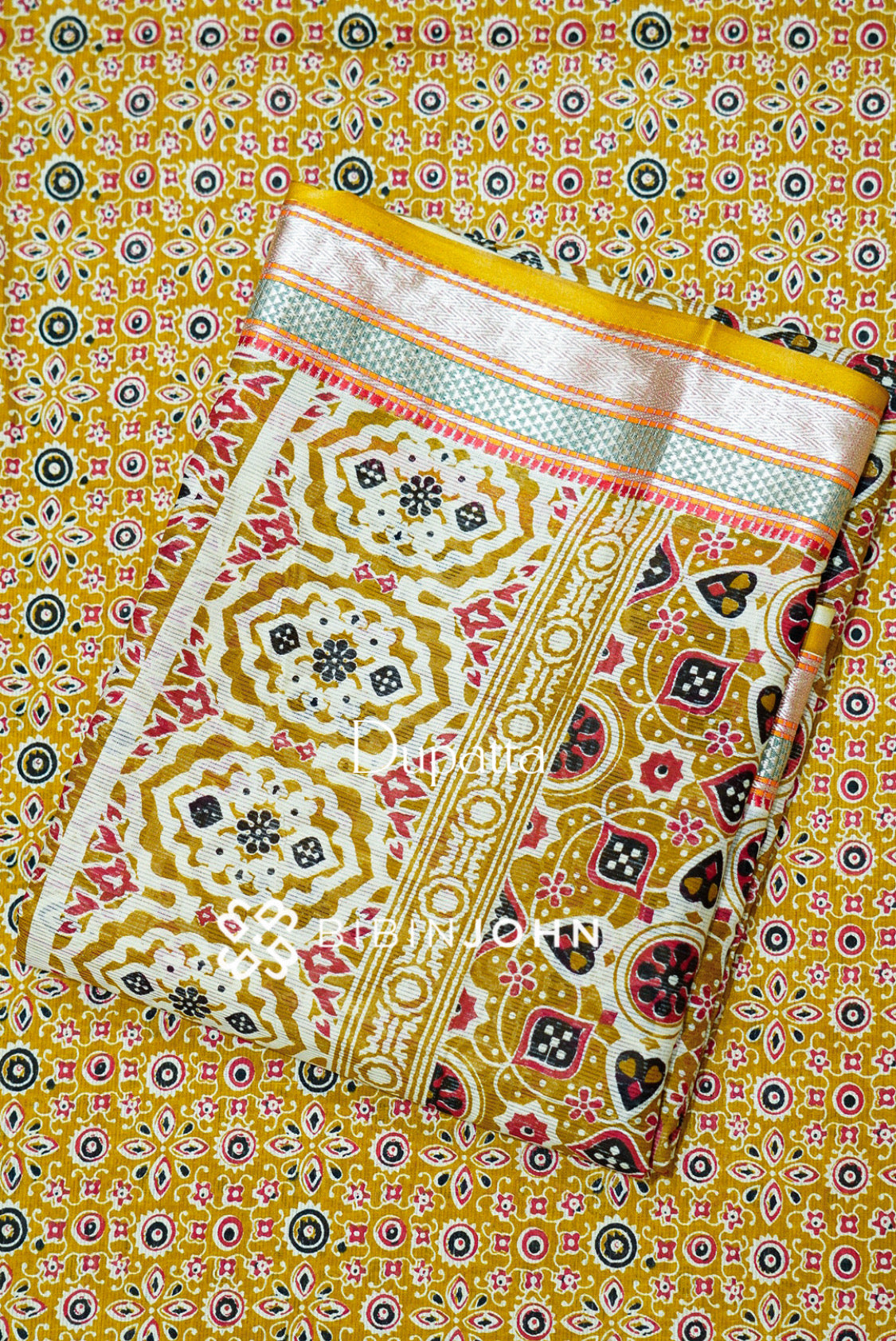 Printed Cotton Unstitched Salwar Suit Material Mustard Yellow  DUPATTA