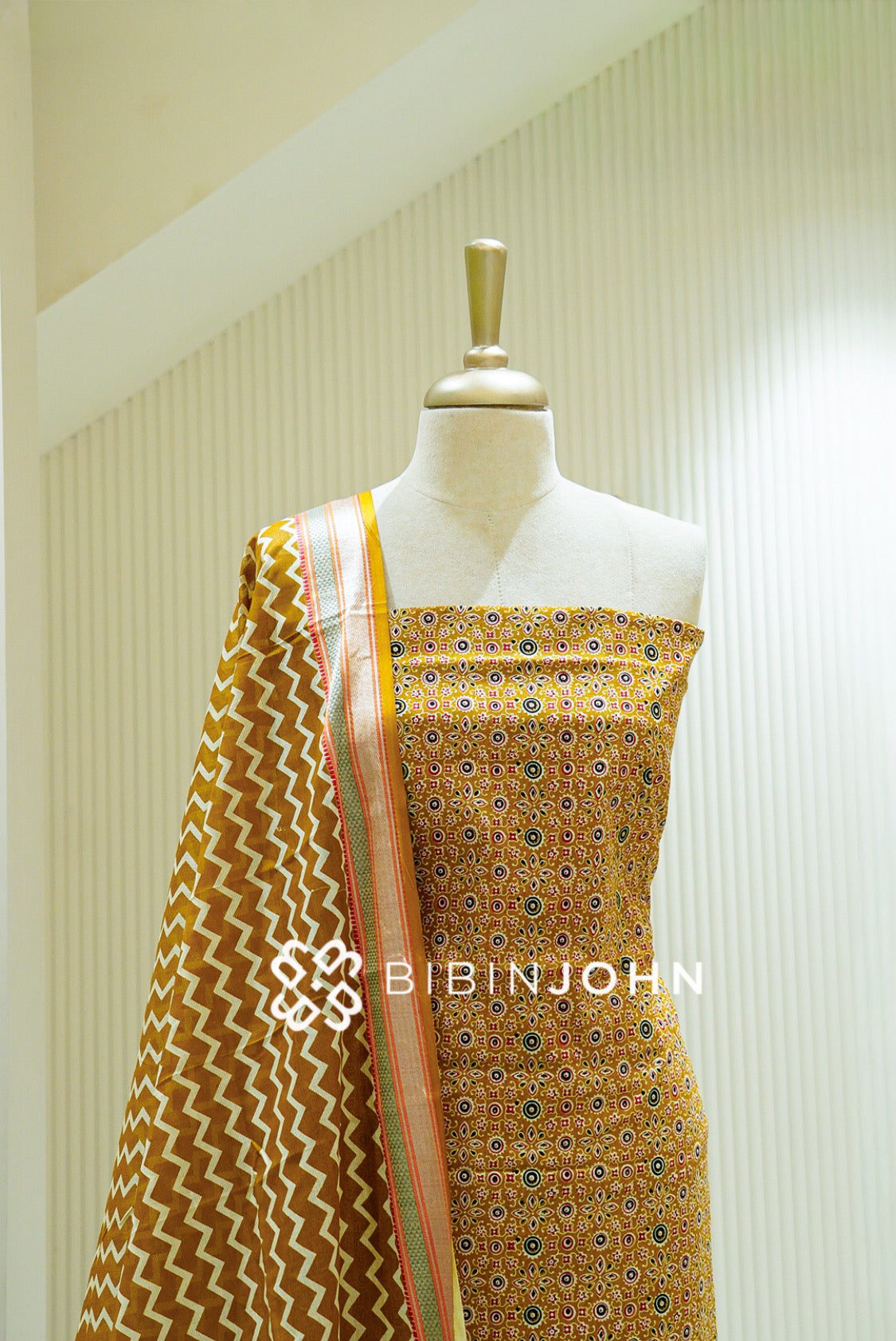 Printed Cotton Unstitched Salwar Suit Material Mustard Yellow  CLOSE VIEW