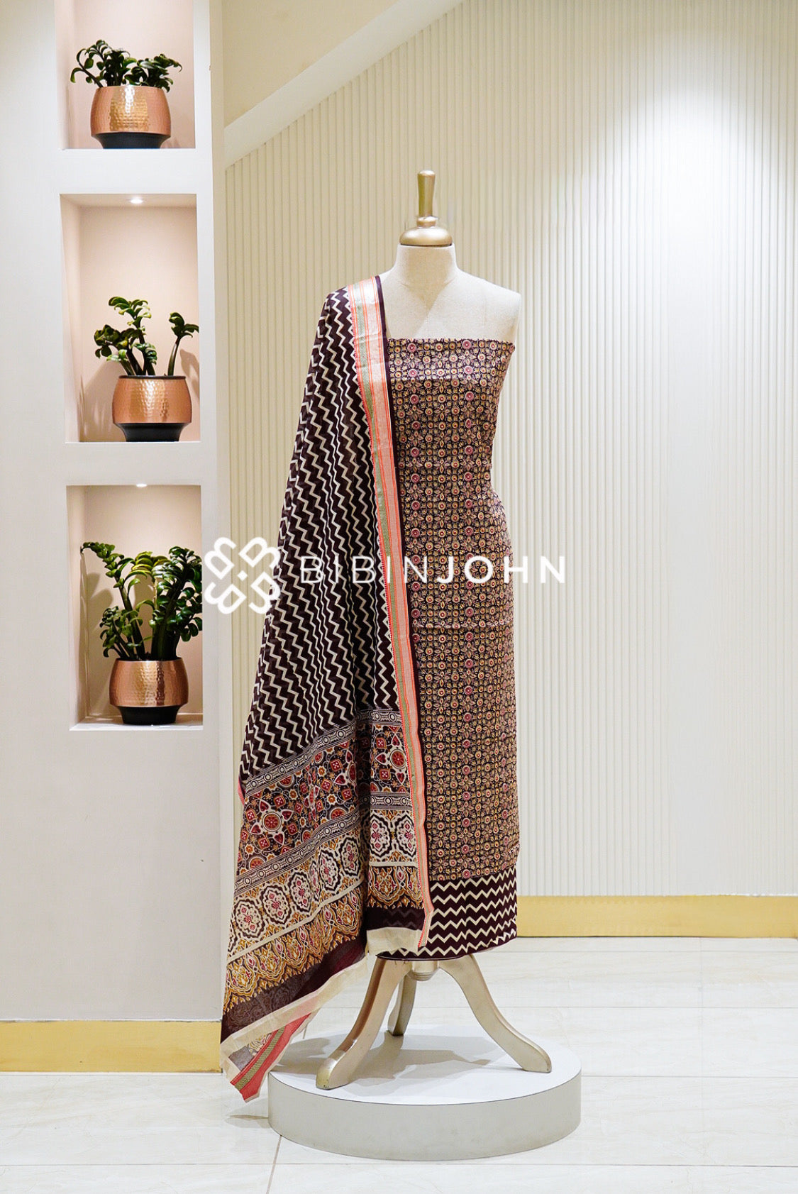 Printed Cotton Unstitched Salwar Suit Material Deep Coffee Brown