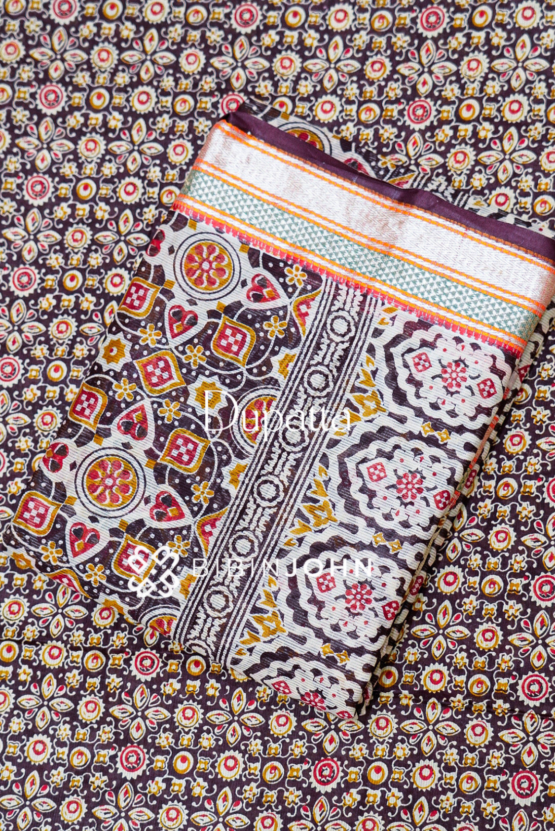 Printed Cotton Unstitched Salwar Suit Material Deep Coffee Brown DUPATTA
