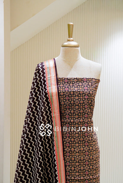 Printed Cotton Unstitched Salwar Suit Material Deep Coffee Brown CLOSE VIEW