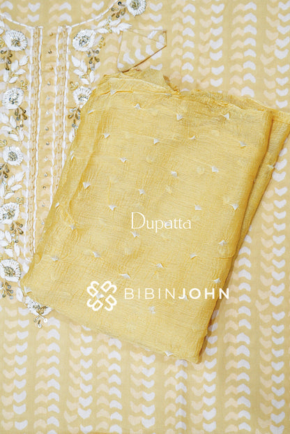Cotton Embroidery Unstitched Salwar Suit Material Butter Yellow  DUPATTA