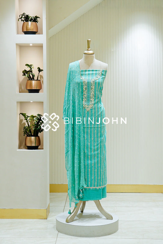 Cotton Embroidery Unstitched Salwar Suit Material Aqua Turquoise