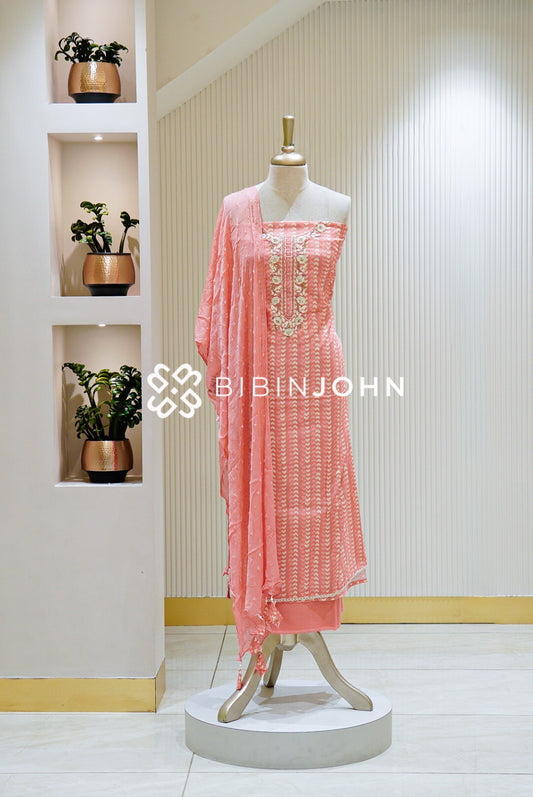 Cotton Embroidery Unstitched Salwar Suit Material Peach Pink 