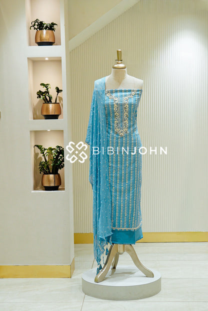 Cotton Embroidery Unstitched Salwar Suit Material Aqua Blue