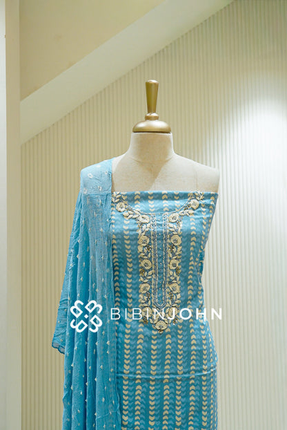 Cotton Embroidery Unstitched Salwar Suit Material Aqua Blue CLOSE VIEW