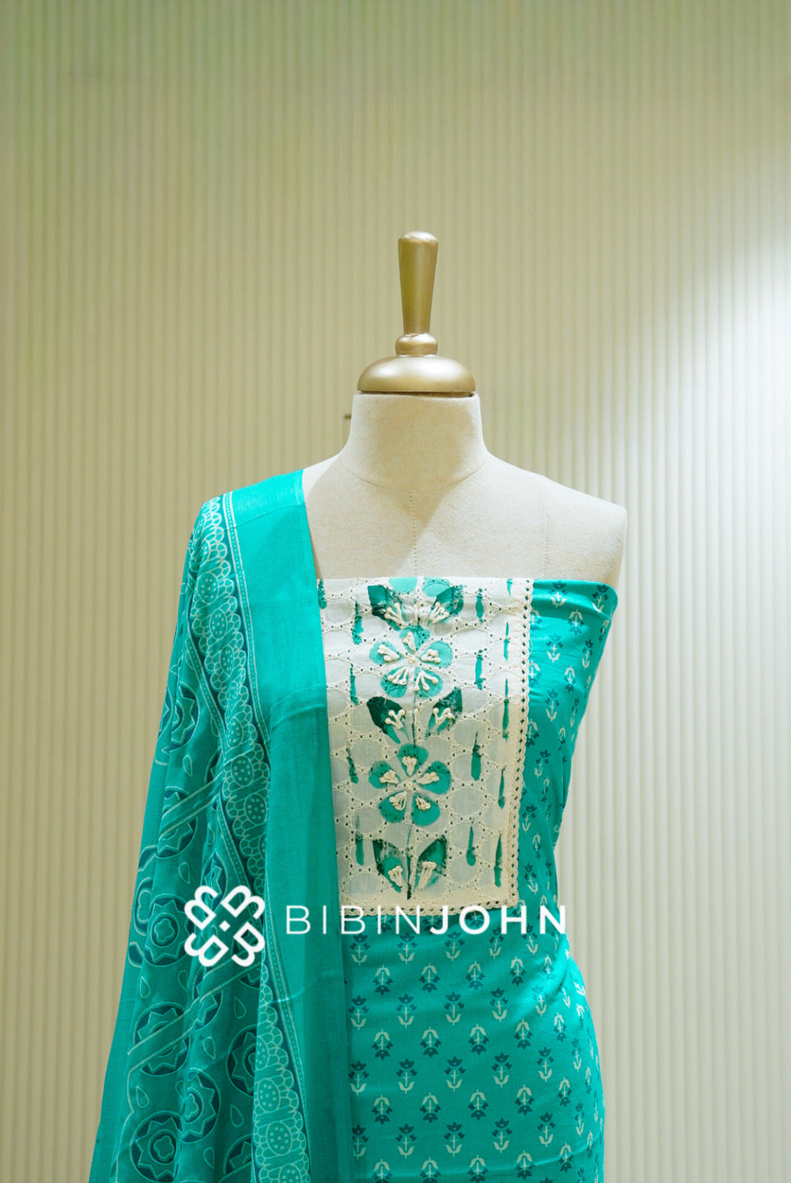 Cotton Unstitched Salwar Suit Material Aqua Turquoise  Close view