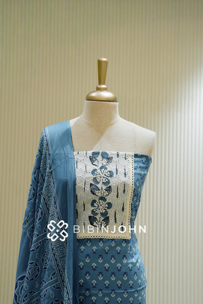 Cotton Unstitched Salwar Suit Material Dusty Blue  CLOSE VIEW