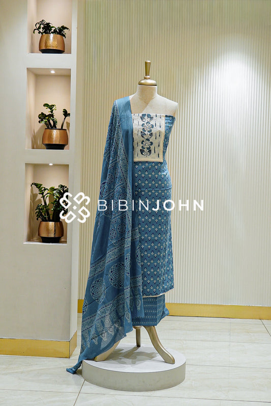Cotton Unstitched Salwar Suit Material Dusty Blue 