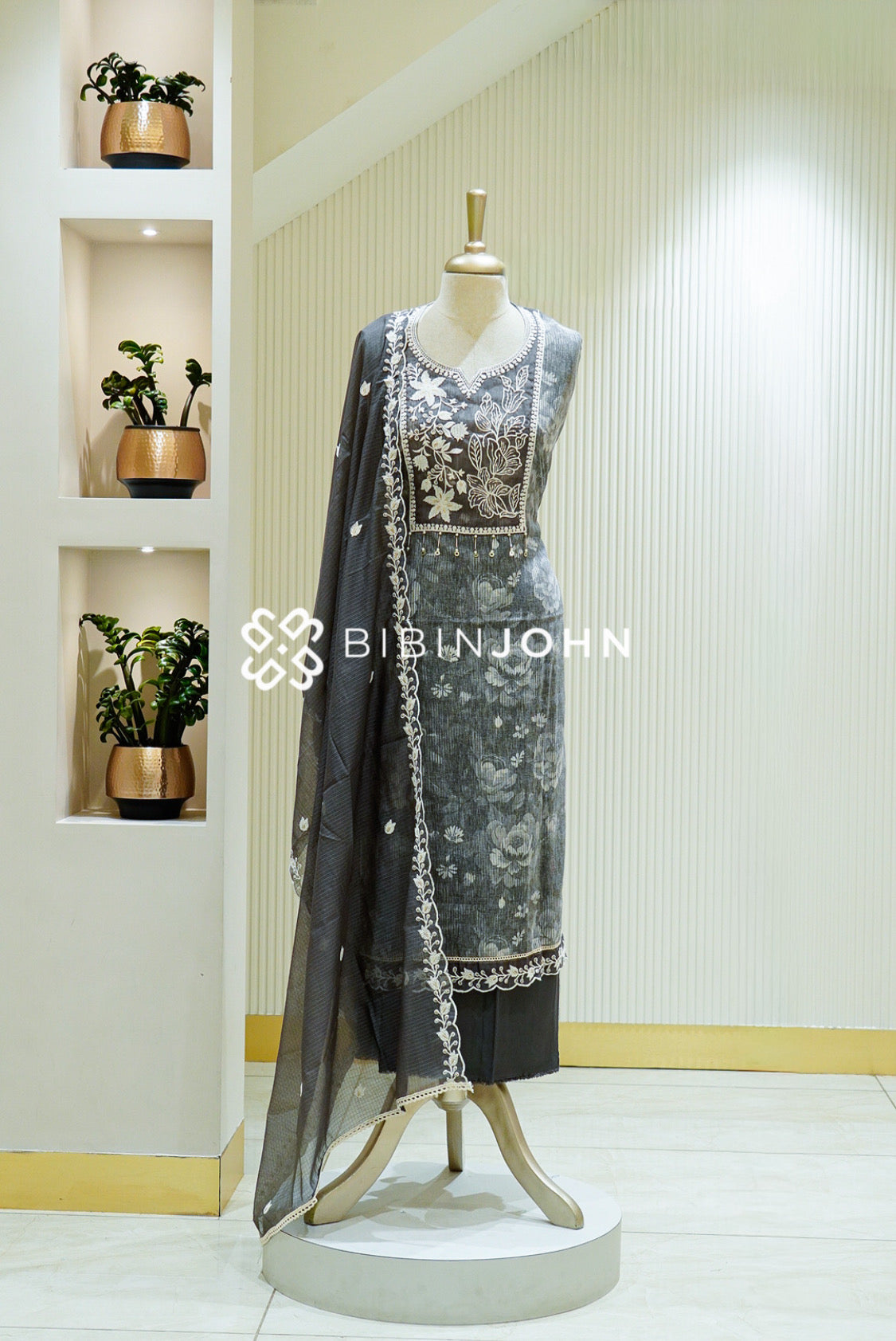 Cotton Embroidery Unstitched Salwar Suit Material Charcoal Grey