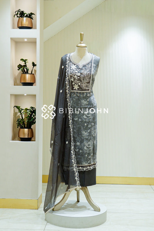 Cotton Embroidery Unstitched Salwar Suit Material Charcoal Grey