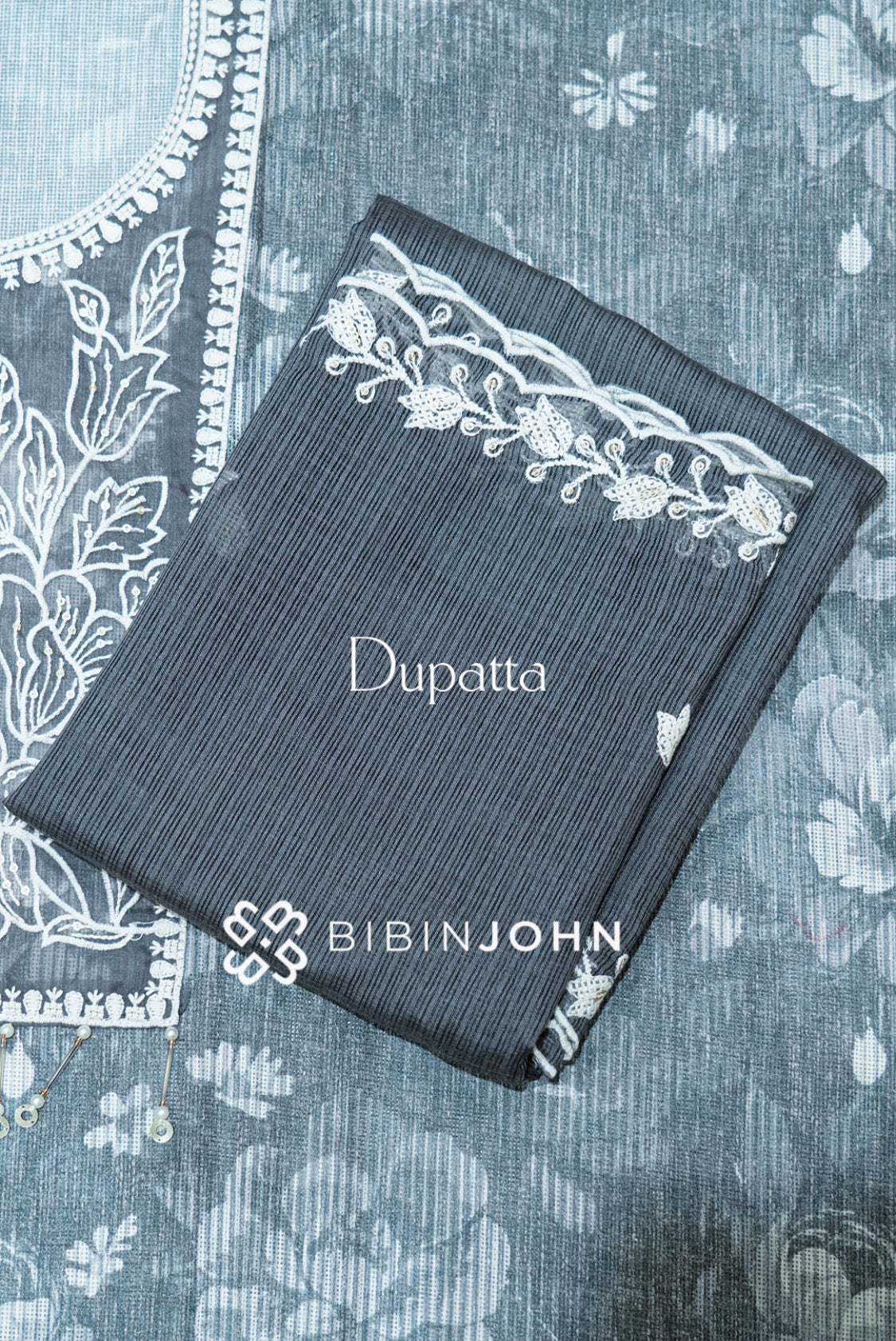 Cotton Embroidery Unstitched Salwar Suit Material Charcoal Grey dupatta