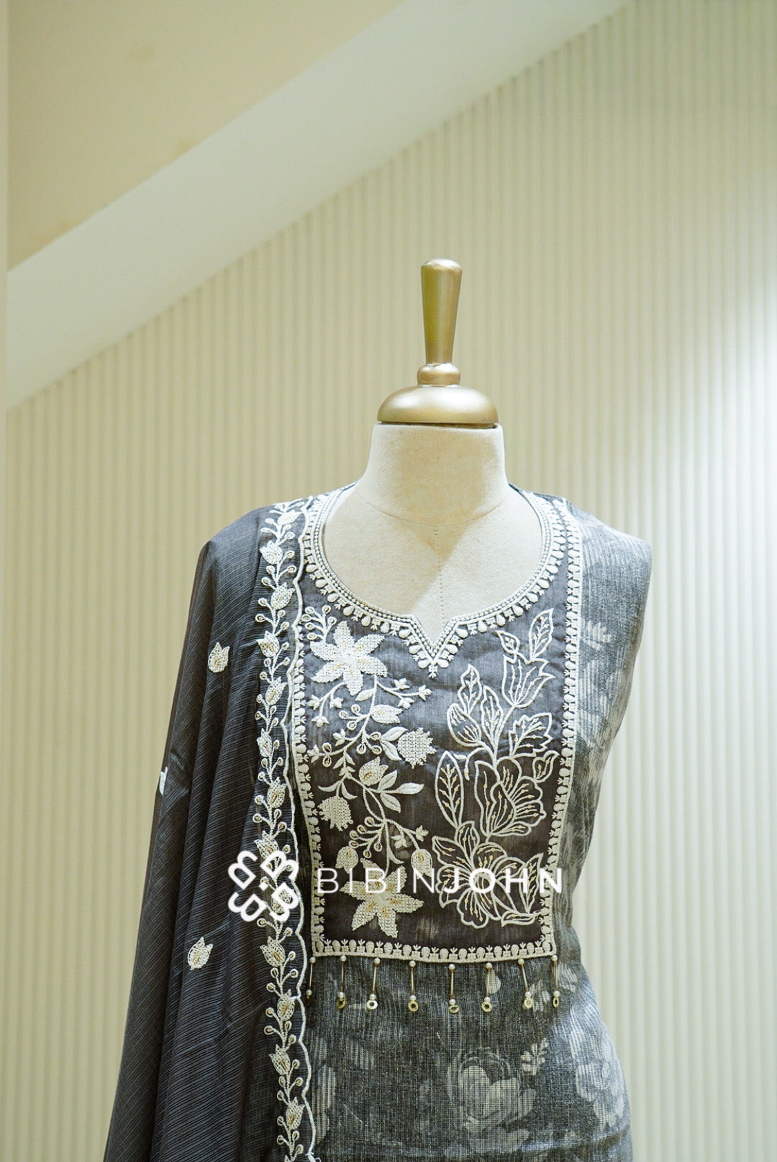 Cotton Embroidery Unstitched Salwar Suit Material Charcoal Grey close view