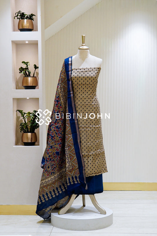 Printed Silk Unstitched Salwar Suit Material Beige 