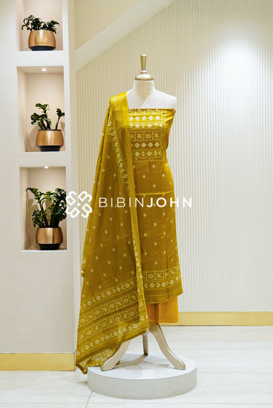 Printed Cotton Unstitched Salwar Suit Material Mustard Yellow 