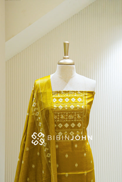 Printed Cotton Unstitched Salwar Suit Material Mustard Yellow  CLOSE VIEW