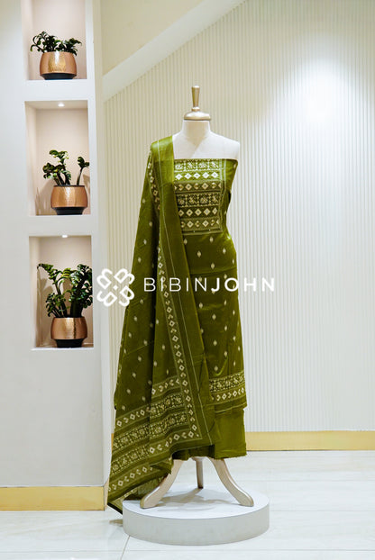 Printed Cotton Unstitched Salwar Suit Material Olive Green 
