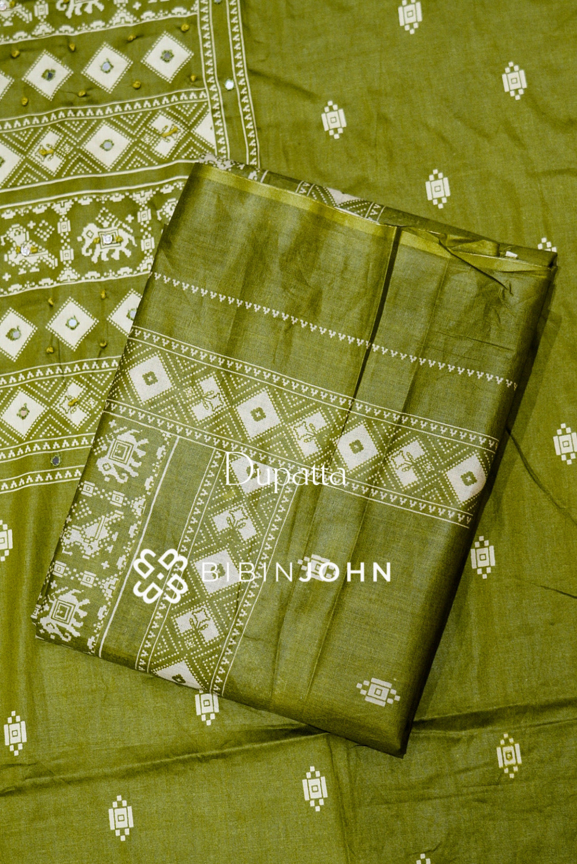 Printed Cotton Unstitched Salwar Suit Material Olive Green DUPATTA