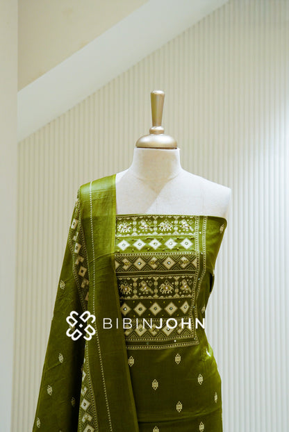 Printed Cotton Unstitched Salwar Suit Material Olive Green  CLOSE VIEW