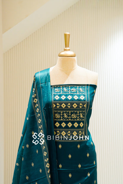Printed Cotton Unstitched Salwar Suit Material Teal Blue  CLOSE VIEW