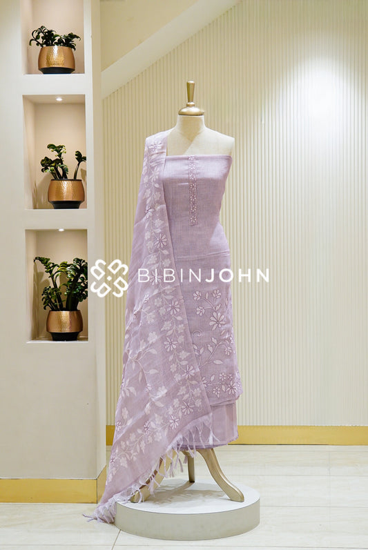 Art Linen Embroidery Unstitched Salwar Suit Material Soft Lavender