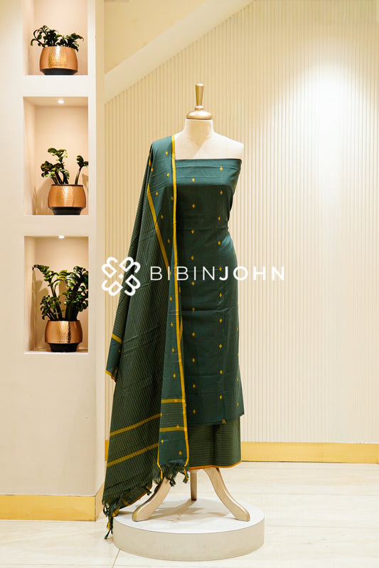 Cotton Unstitched Salwar Suit Material Bottle Green