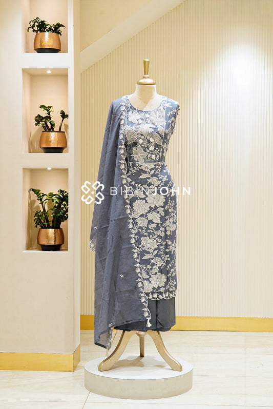 Muslin Silk Embroidery Semi Stitched Salwar Suit Material Slate Grey