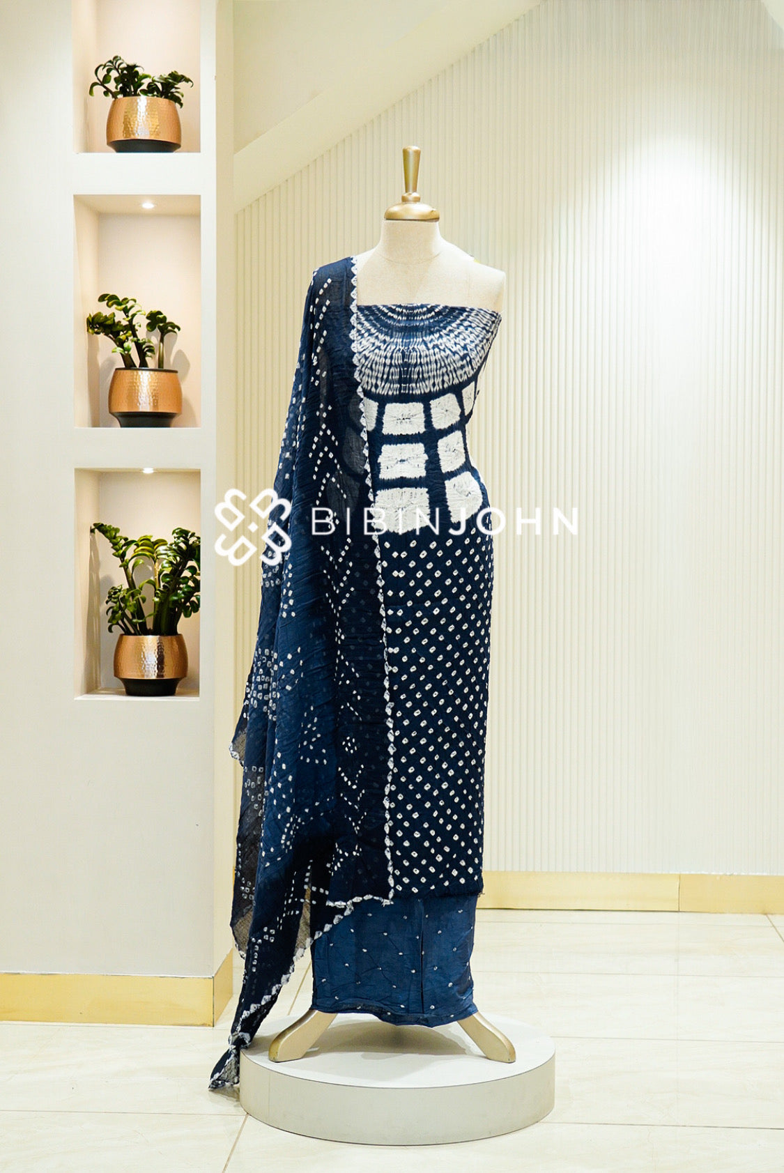 Bandhani Unstitched Salwar Suit Material Navy Blue 