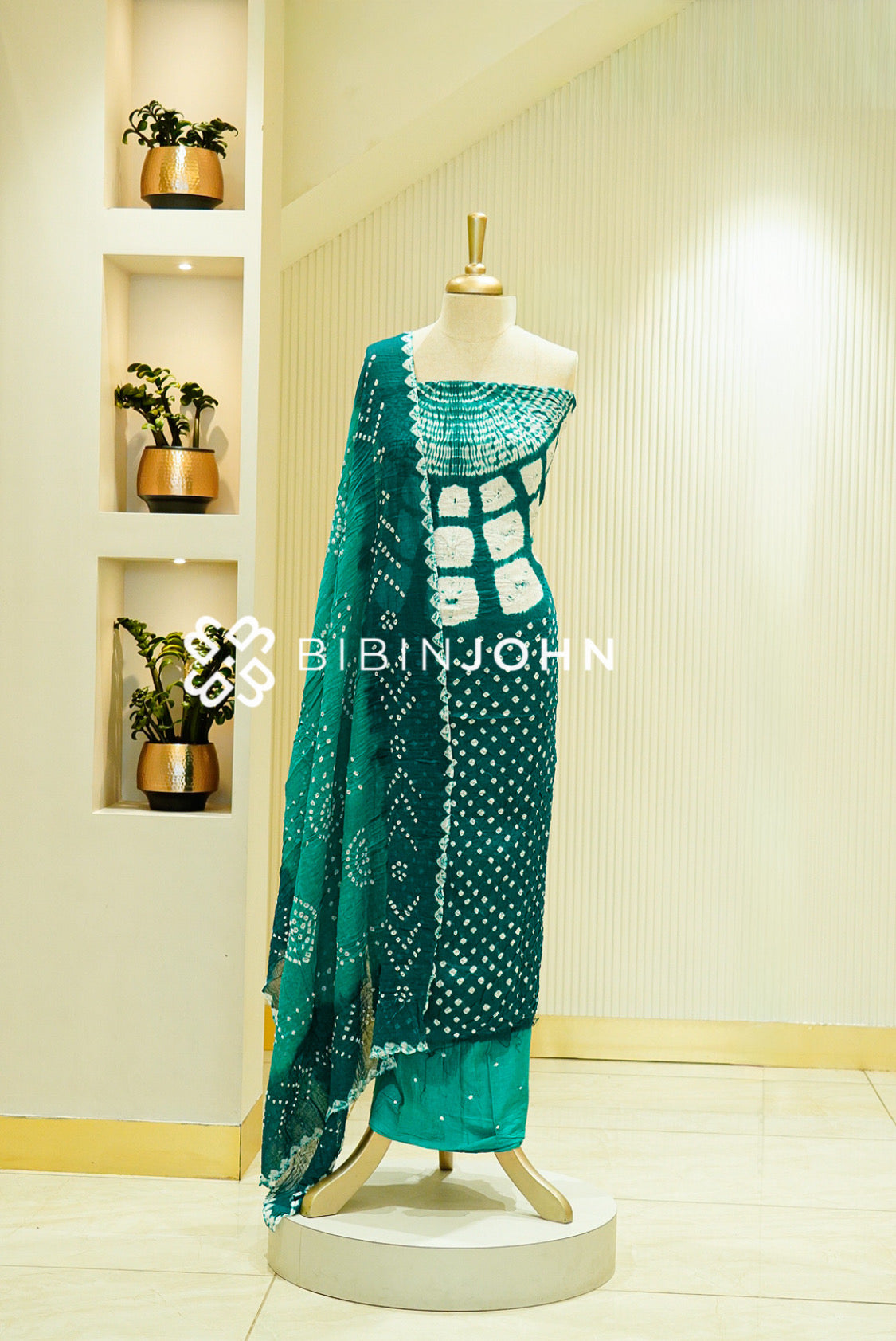 Bandhani Unstitched Salwar Suit Material Teal Green