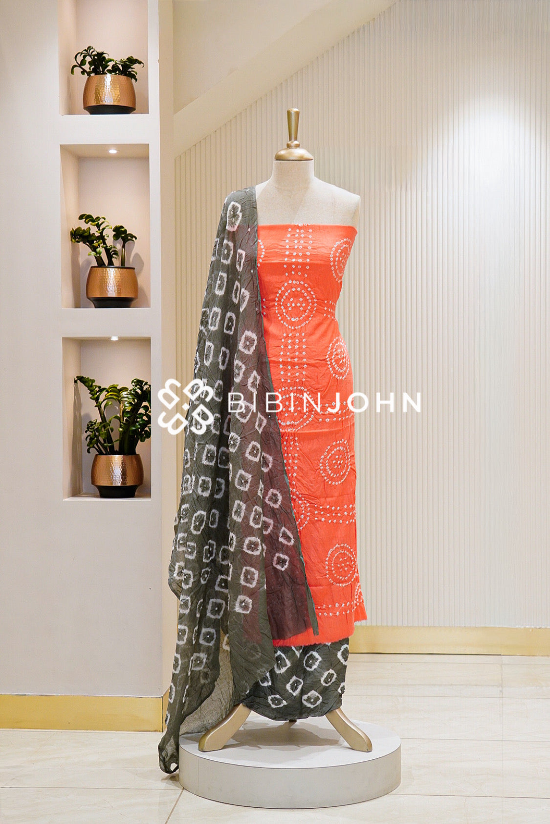 Bandhani Unstitched Salwar Suit Material Coral-Orange