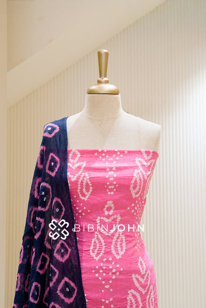 Bandhani Unstitched Salwar Suit Material Pink  CLOSE VIEW