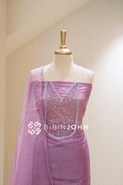 Organza Embroidery Unstitched Salwar Suit Material Lavender CLOSE VIEW