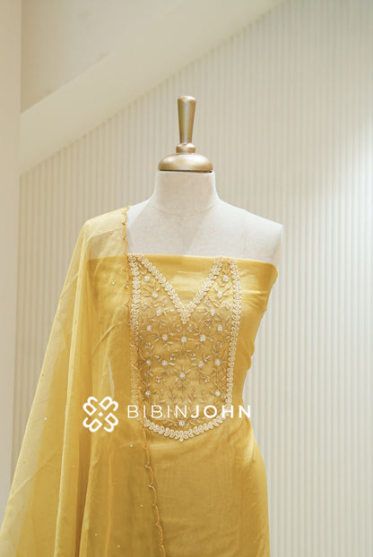 Organza Embroidery Unstitched Salwar Suit Material Mustard Yellow CLOSE VIEW