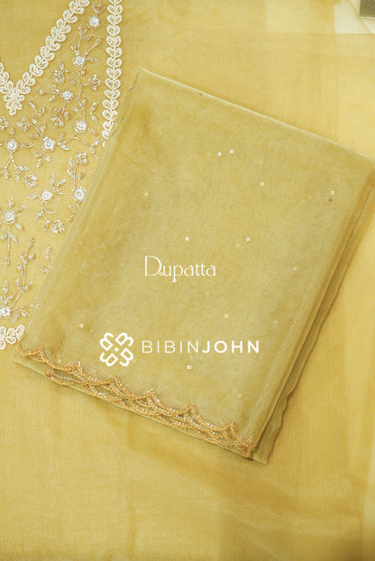 Organza Embroidery Unstitched Salwar Suit Material Mustard Yellow  DUPATTA