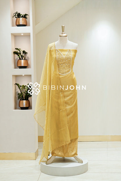 Organza Embroidery Unstitched Salwar Suit Material Mustard Yellow 