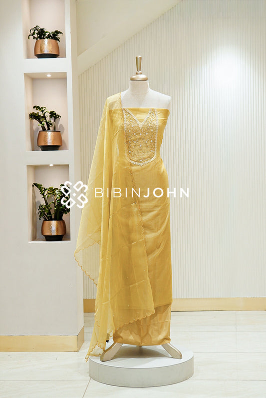 Organza Embroidery Unstitched Salwar Suit Material Mustard Yellow 