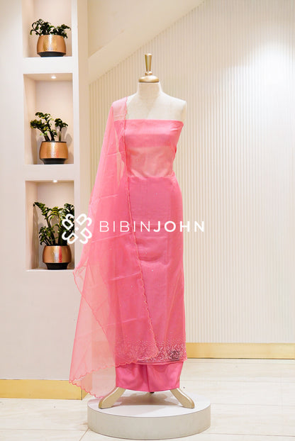 Organza Embroidery Unstitched Salwar Suit Material Rose Pink 
